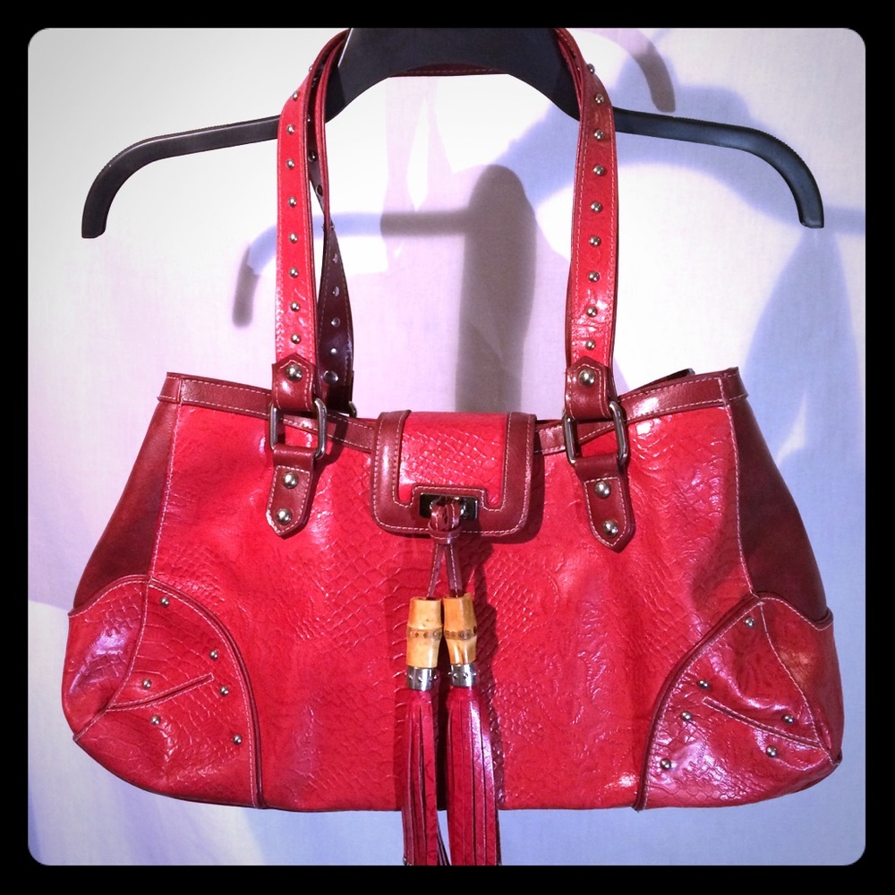 Marc Chantal deep red snake & floral shoulder bag
